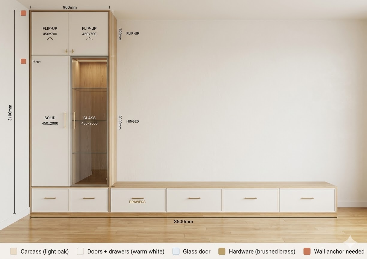 Living Room Cabinet — Light Oak (brass handles)